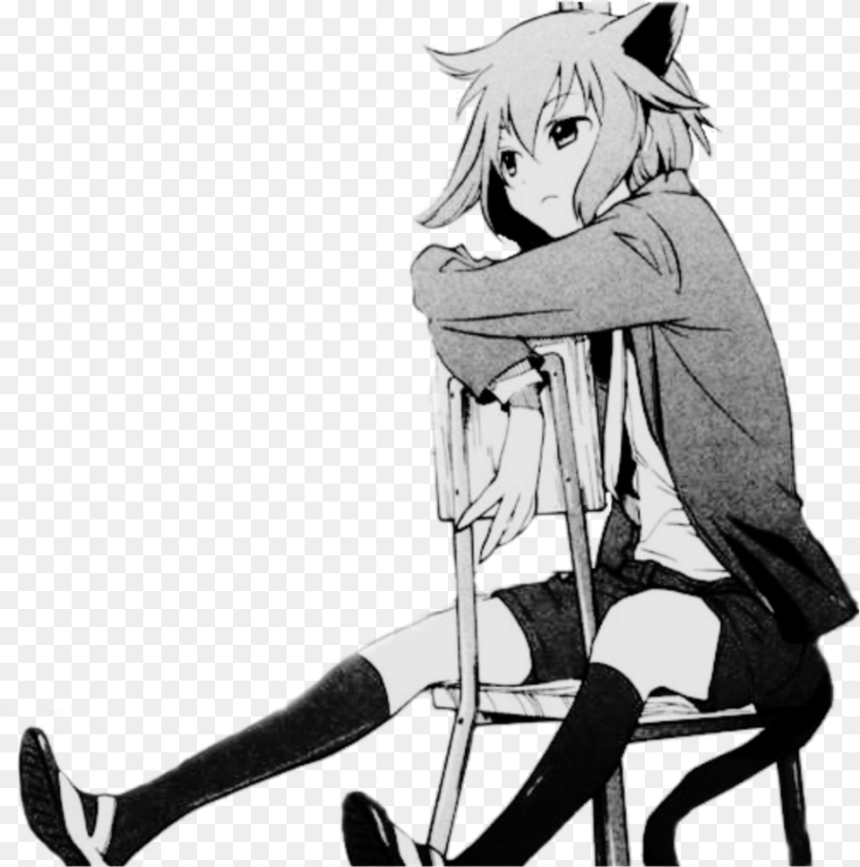 Sad Neko Animegirl Chair Cattail Anime Neko Girl Manga, Book, Comics, Publication, Adult Free Transparent Png