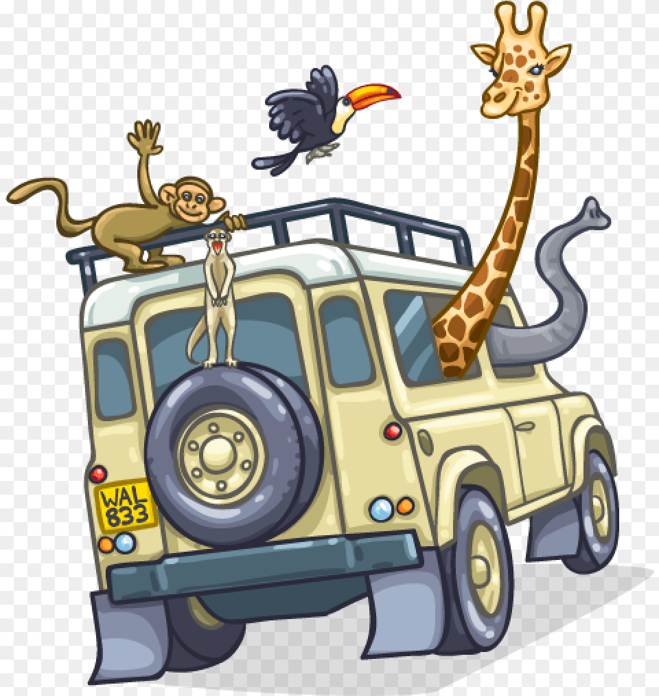 Safari Car With Animals Jungle Safari Jeep Cartoon, Vehicle, Transportation, Bird, Animal Free Png