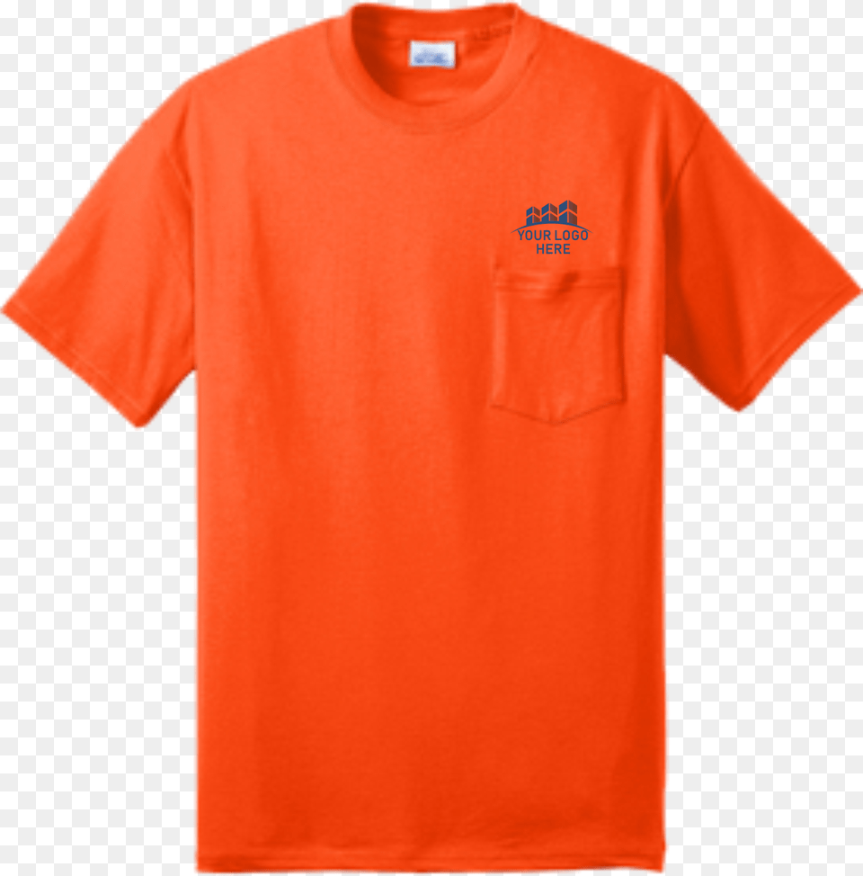 Safety Orange Short Sleeve Pocket T Shirt Front With, Clothing, T-shirt Png Image