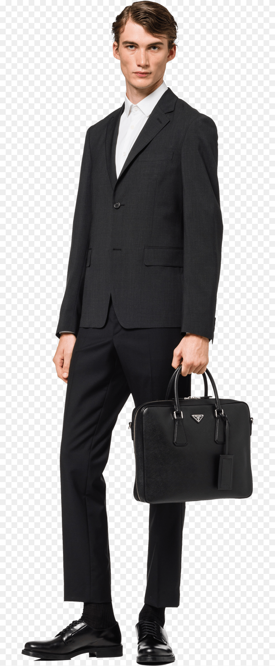 Saffiano Leather Briefcase Prada Briefcase Wearing, Formal Wear, Bag, Suit, Clothing Png Image