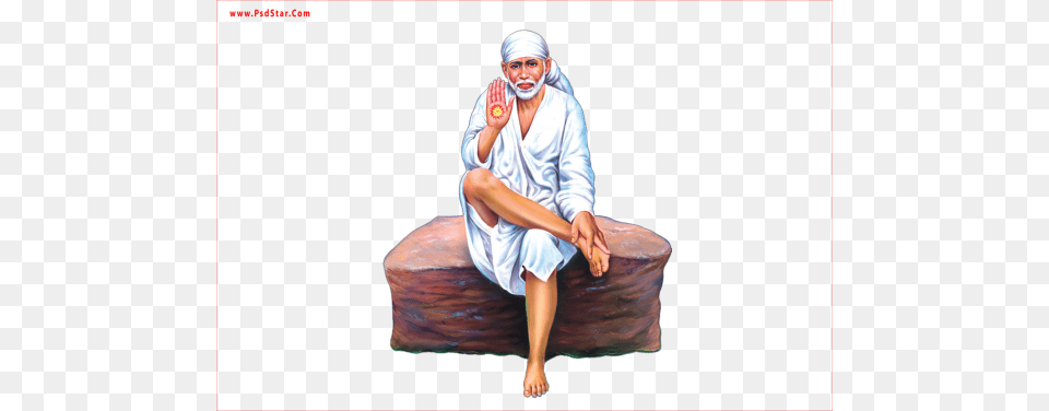 Sai Baba Full Sitting Photo High Resolution Lord Sai Baba Sitting On Rock And Lord Brahma Vishnu, Portrait, Face, Photography, Person Free Png Download