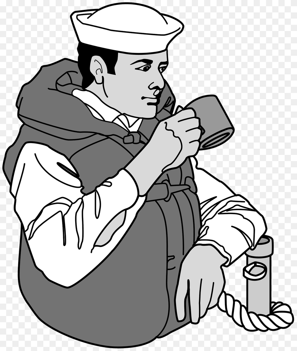 Sailor Drinking Coffee Black And White Clipart, Adult, Person, Man, Male Png Image