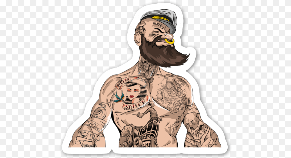 Sailor Man Popeye Tattoos And Beard, Person, Skin, Tattoo, Adult Png Image