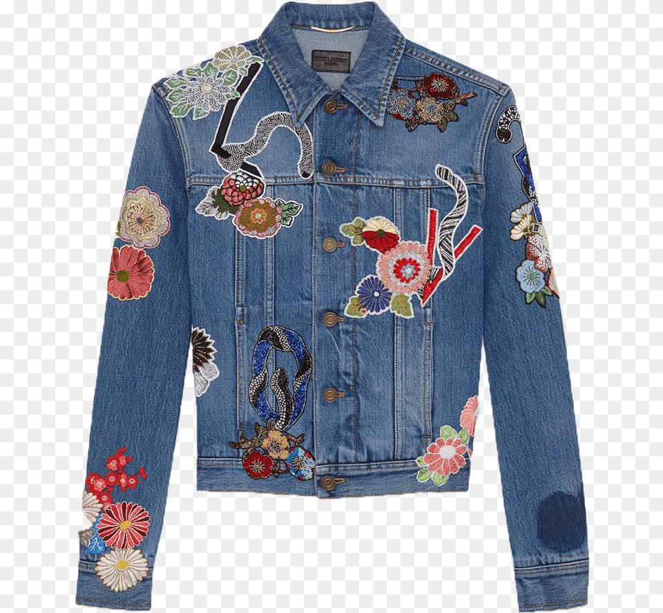 Saint Laurent Embroidered Denim Jacket, Clothing, Coat, Jeans, Pants Free Png Download