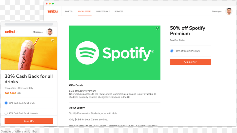 Sample Of Offers On Unibui Spotify, File, Webpage, Person, Bottle Free Transparent Png