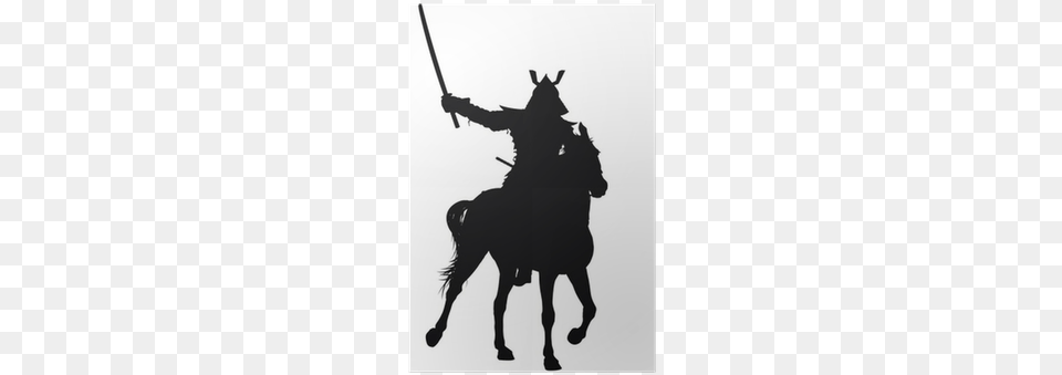Samurai With Sword On Horseback Vector Silhouette Poster Horseback Samurai, Animal, Person, People, Mammal Free Png