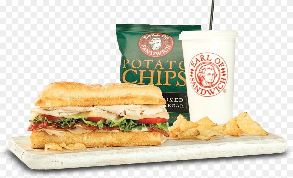 Sandwich Chips Amp Drink On Wood Plank Earl Of Sandwich, Burger, Meal, Lunch, Food Free Png