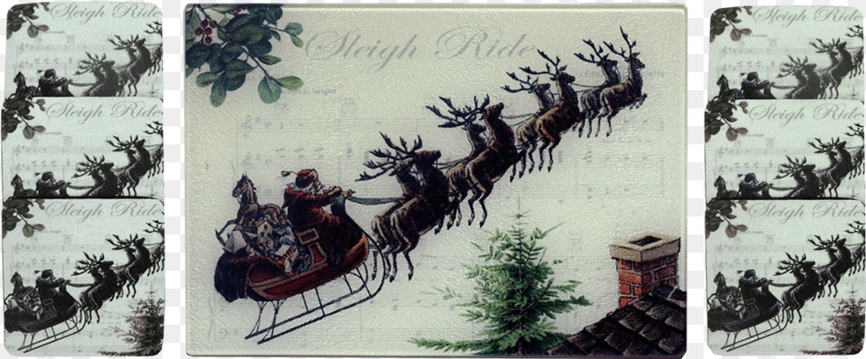 Santa Amp Sleigh Bells Cheese Traycutting Board Amp Coaster Vintage Christmas Santa Claus Note Cards, Tree, Plant, Animal, Mammal Free Png Download