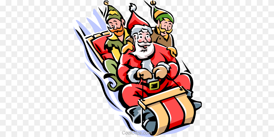 Santa And His Elves On A Toboggan Royalty Vector Clip Art, Face, Head, Person, Baby Free Png
