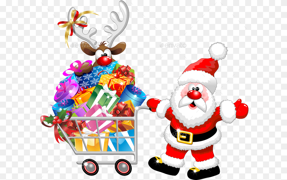 Santa And Reindeer Cartoon With Christmas Shopping Christmas Shopping, Nature, Outdoors, Snow, Snowman Png Image