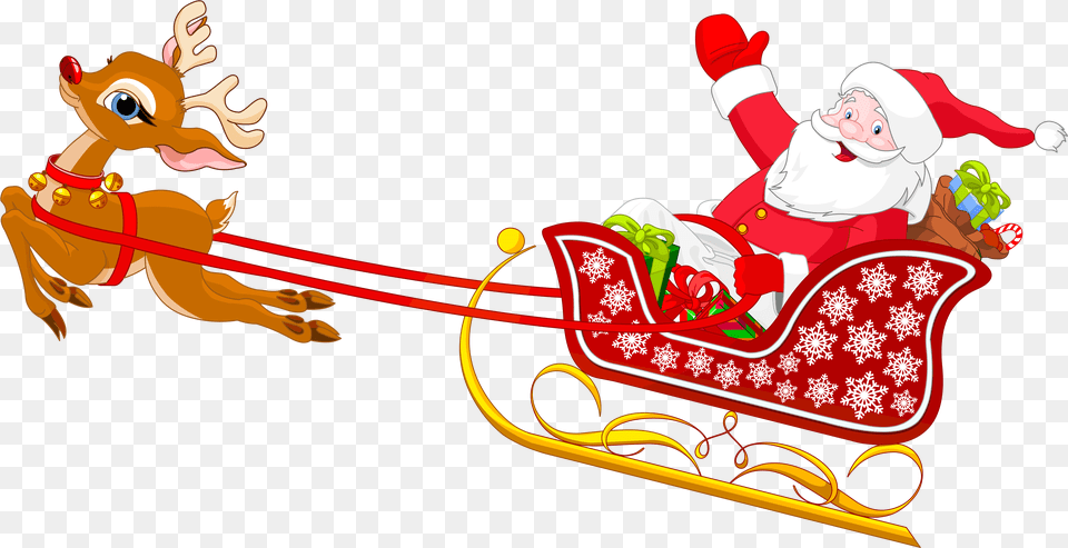 Santa And Reindeer With Sled Clipart Santa Claus Sleigh Cartoon, Outdoors, Nature, Snow, Face Png Image