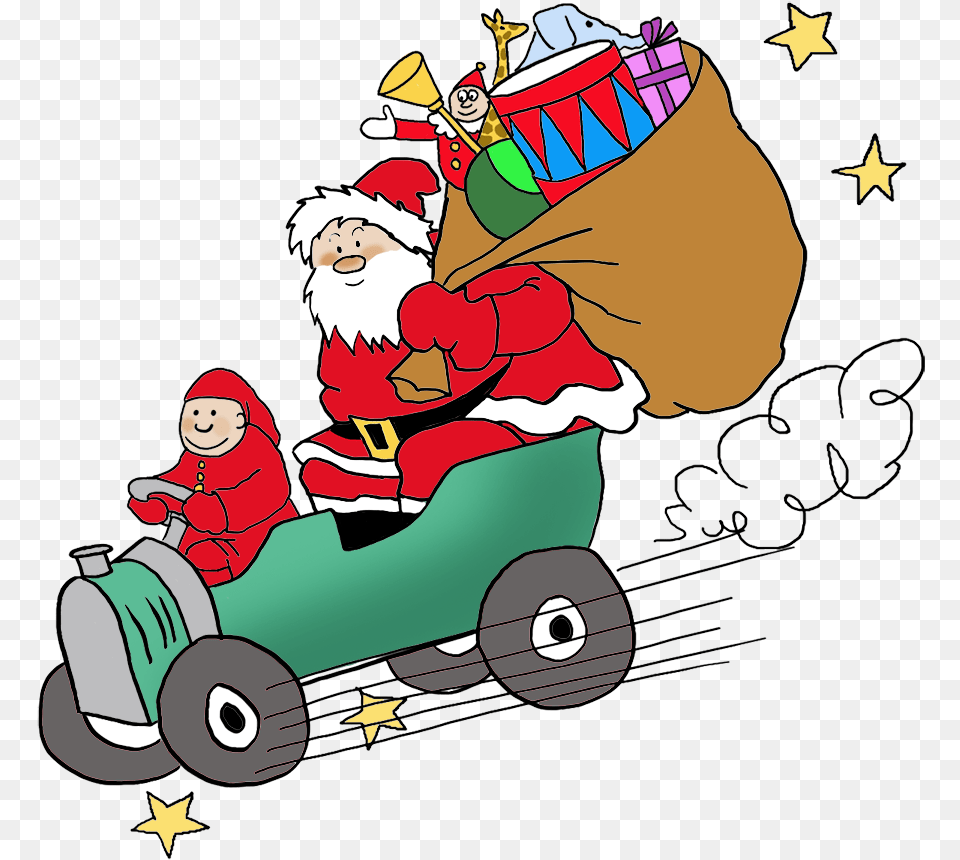 Santa Bringing Presents By Car Santa Claus Car, Baby, Person, Plant, Grass Free Png