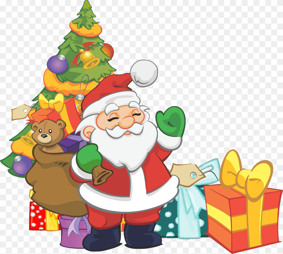 Santa Christmas Scene Tree And Gifts Clipart Free Transparent Png