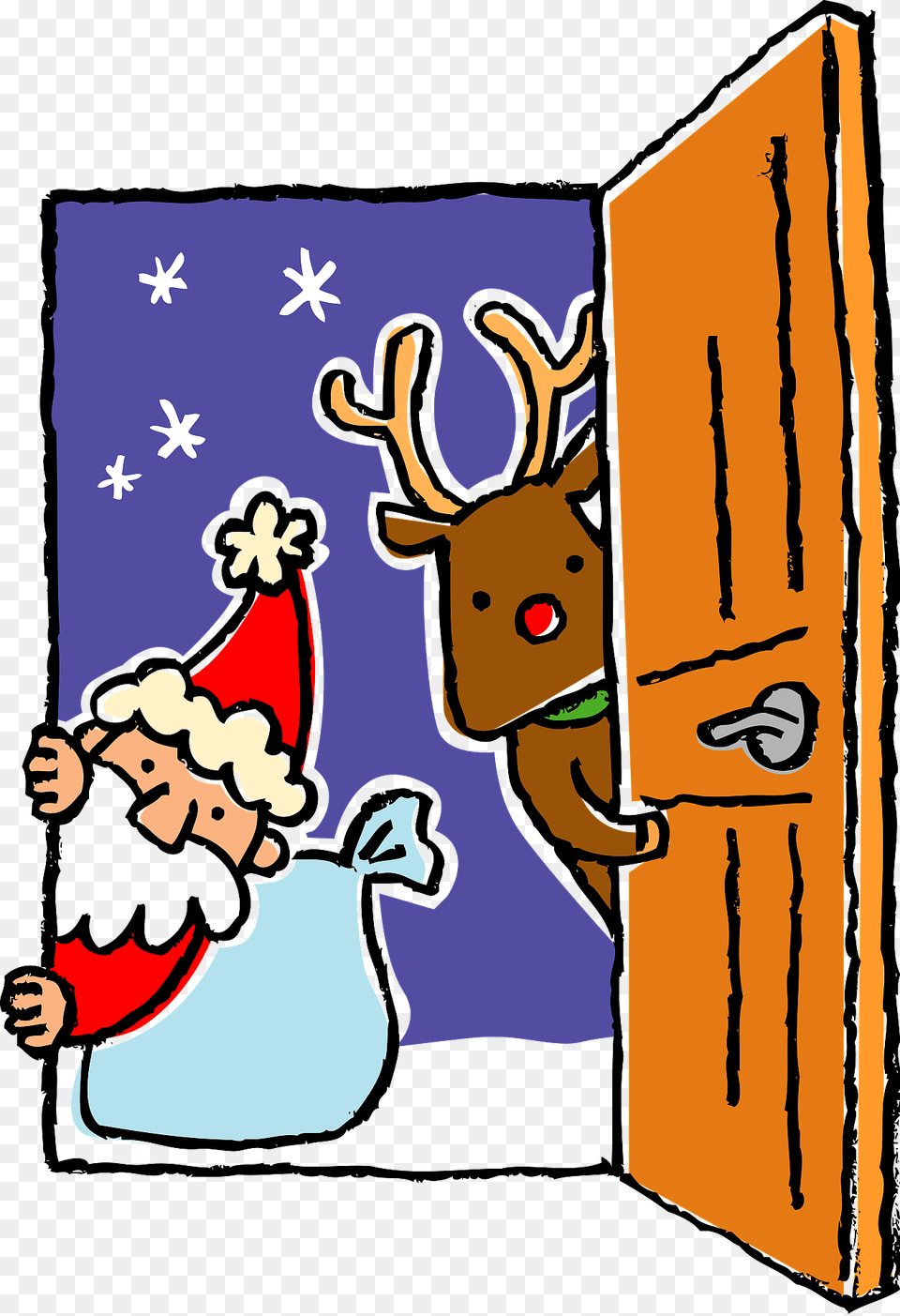 Santa Claus And Reindeer In A Open Door Clipart, Animal, Mammal, Wildlife, Deer Free Png Download