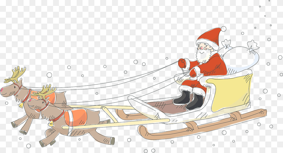 Santa Claus In Sleigh Pulled By Reindeer Clipart, Outdoors, Nature, Sled, Person Png