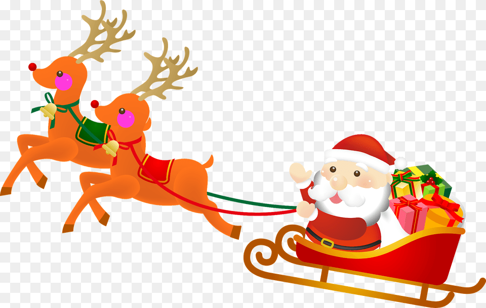 Santa Claus Is In A Sleigh Pulled By Reindeer Clipart, Outdoors, Nature, Winter, Snowman Free Png