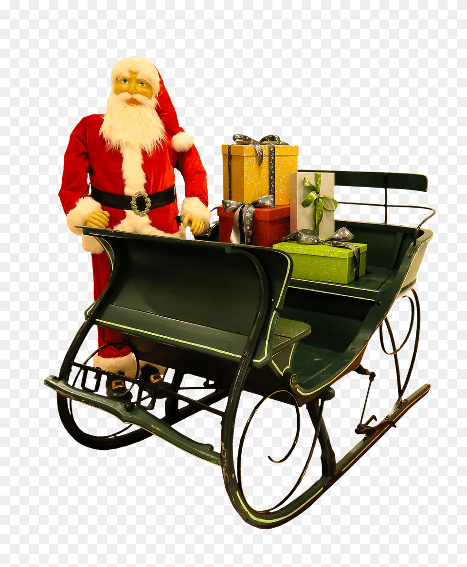 Santa Claus Puppet Next To Sleigh, Clothing, Glove, Baby, Person Free Png Download