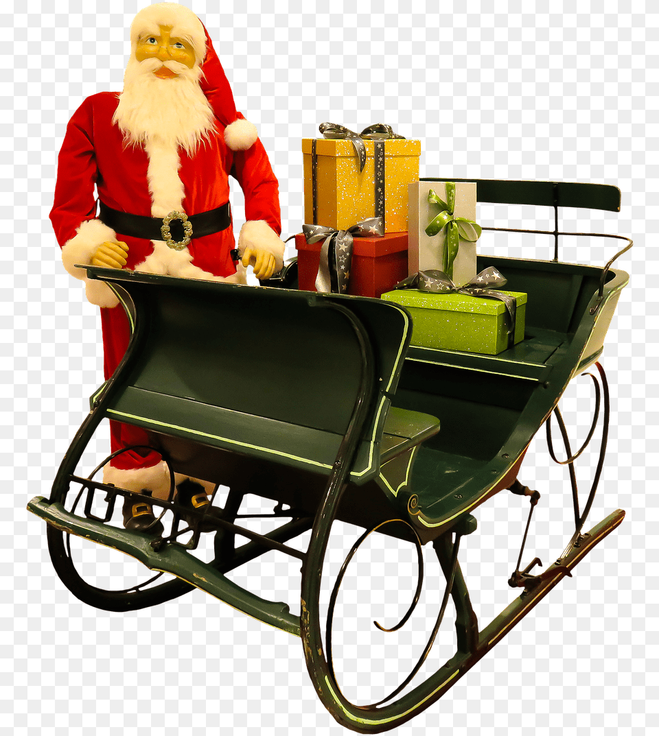 Santa Claus Puppet Next To Sleigh Christmas Coach, Baby, Person, Furniture, Face Free Png