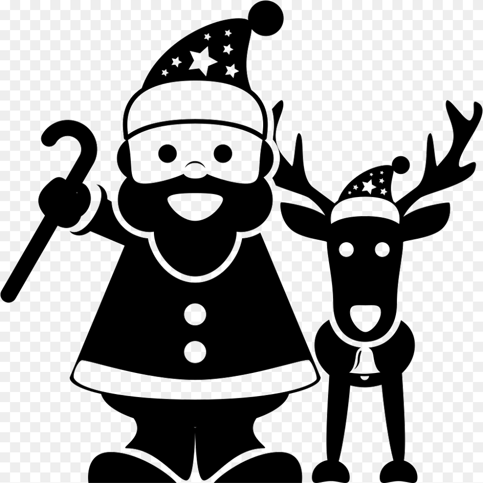 Santa Claus Standing With A Reindeer Christmas Santa Black And White, Stencil, Baby, Person Png