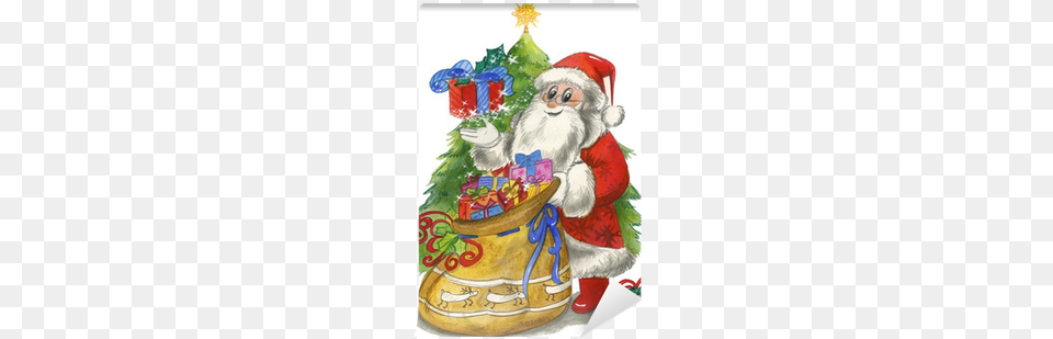 Santa Claus With Sac And Decorated Tree Watercolor Christmas Tree, Birthday Cake, Cake, Cream, Dessert Png