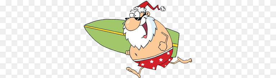 Santa In Bathing Suit Running With A Surfboard New Zealand Santa Cartoon, People, Person, Outdoors, Animal Free Png