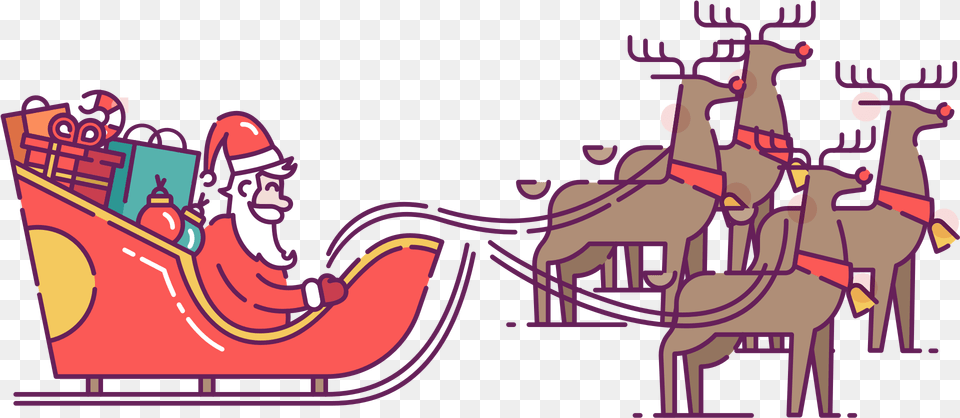 Santa In Sleigh Pulled By Reindeer Clip Art Cartoon, Baby, Person, Face, Head Png