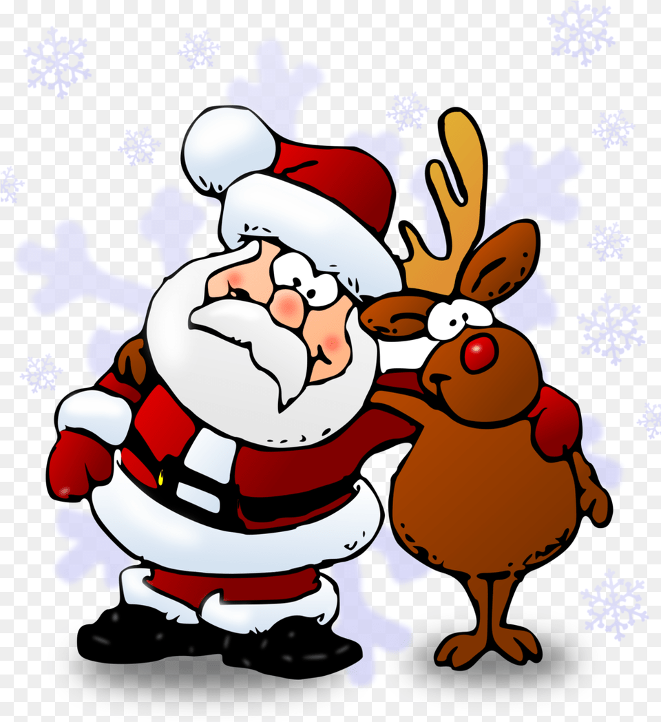 Santa Reindeer Hug Santa And Rudolph Cartoon, Outdoors, Nature, Face, Head Png Image