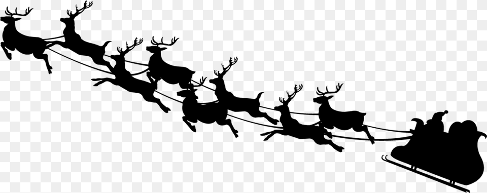 Santa Sleigh Flying 9 Reindeers, Gray Free Png Download
