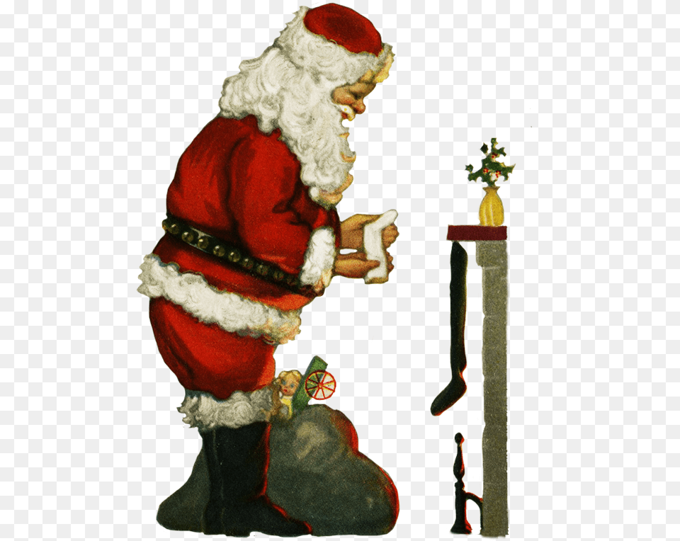 Santa With Socsk At The Fireplace At Christmas Santa Claus, Person, Festival, Face, Head Free Png