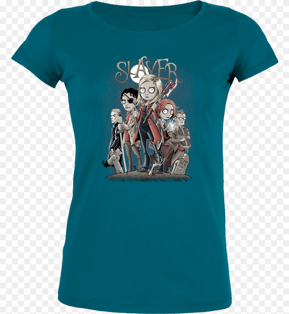 Saqman Slayer T Shirt Stella Loves Girlie Diva Blue Buffy Vampire Slayer Spike Willow Giles Xander Whedon, Clothing, T-shirt, Person, Adult Png Image