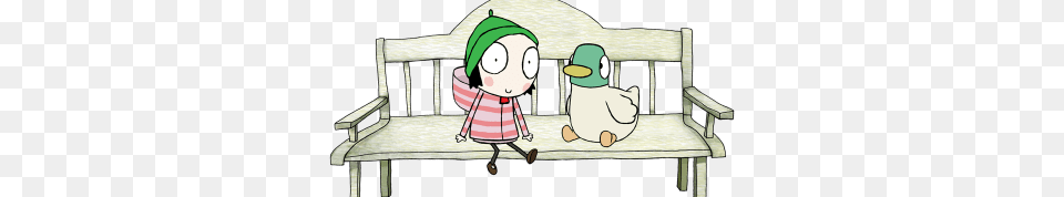 Sarah Duck Sitting On A Bench, Furniture, Person, Baby, Cartoon Free Png