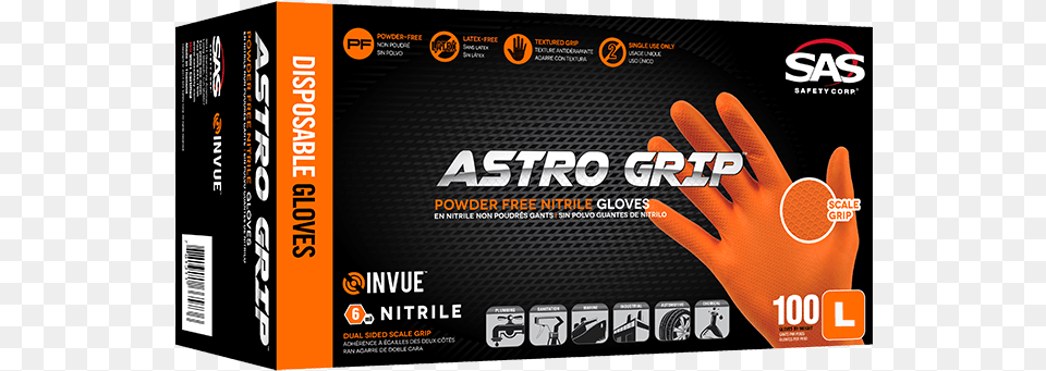 Sas Astro Grip Pf Orange Nitrile Gloves Large Code Astro Grip Powder Free 6mil Nitrile Orange Hi Visibility, Advertisement, Poster, Clothing, Glove Png
