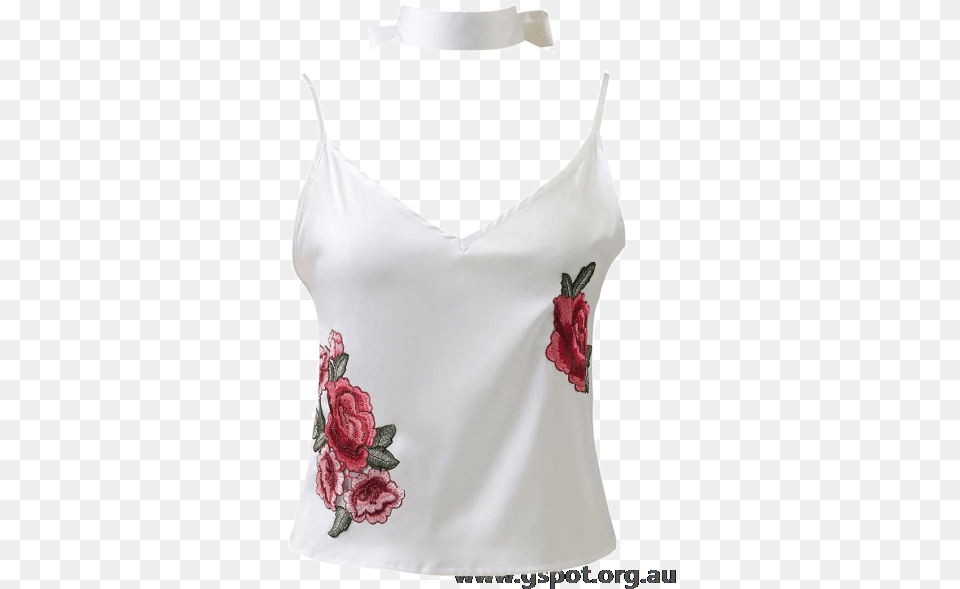Satin Camisole Top With Choker Strap White Sexy Women Floral Embroidery Camisole Halter Vest V, Blouse, Clothing, Plant, Flower Png