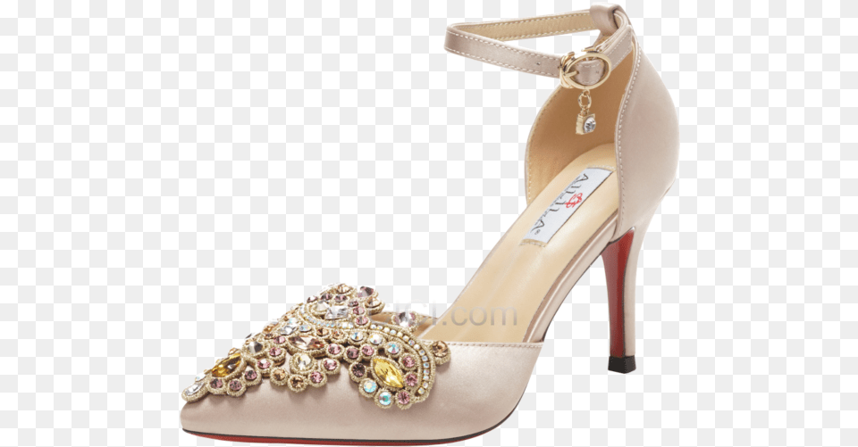 Satin Rhinestones Elegant With Ankle Strap 8 Cm High Gold Pointed Heels For Brides, Clothing, Footwear, High Heel, Sandal Png Image