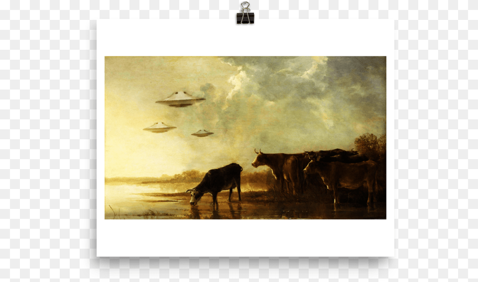 Saucers And Cattle River Landscape With Cows, Art, Painting, Animal, Cow Png