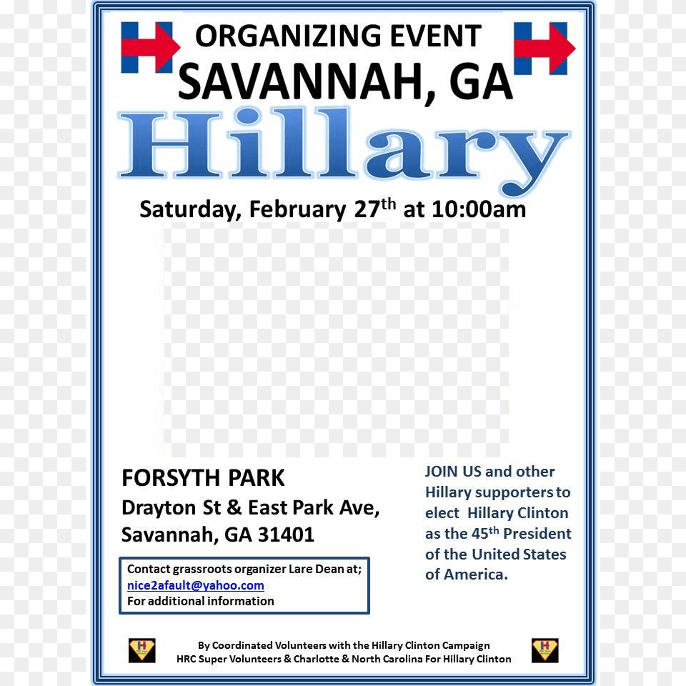 Savannah For Hillary Organizing Event At Forsyth Park, Advertisement, Poster, Logo, Symbol Free Png