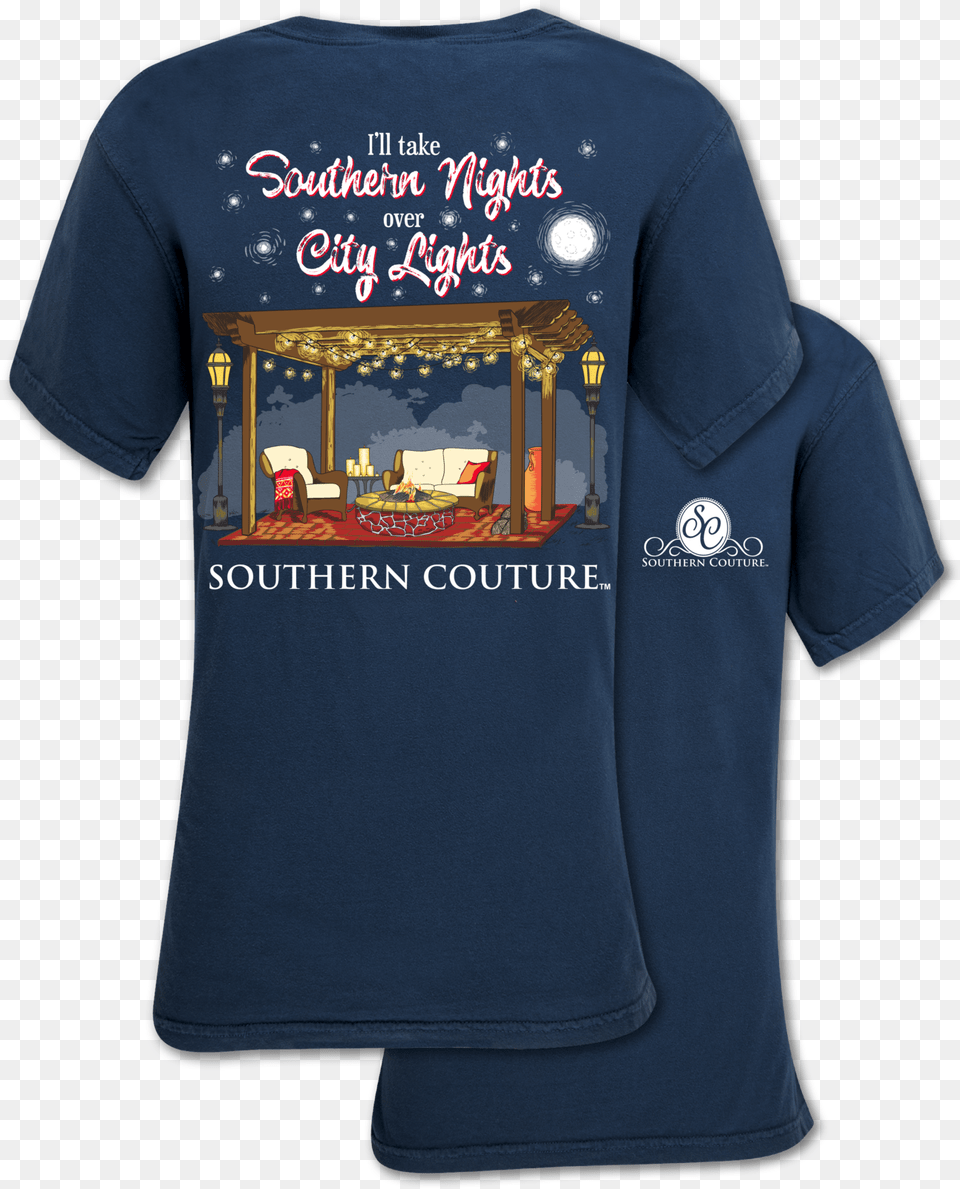 Sc Comfort City Lights True Navy Southern Nights Shirt, Clothing, T-shirt, Chair, Furniture Free Png Download