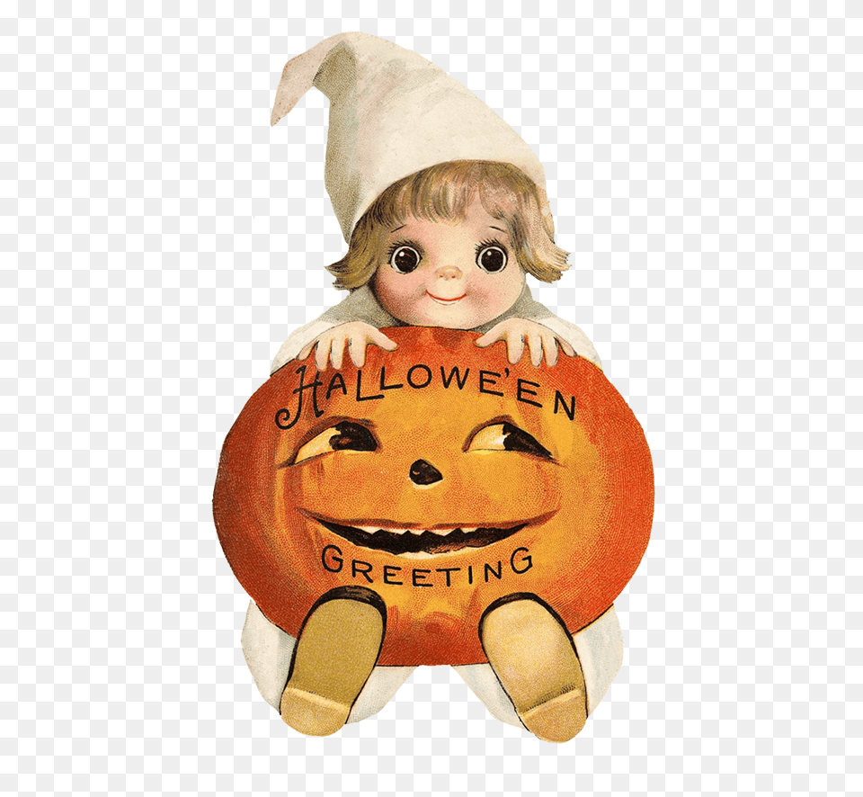 Scared Mouth Cute Child With Pumpkin Head Halloween Vintage Halloween Pumpkin, Baby, Person, Toy, Doll Png