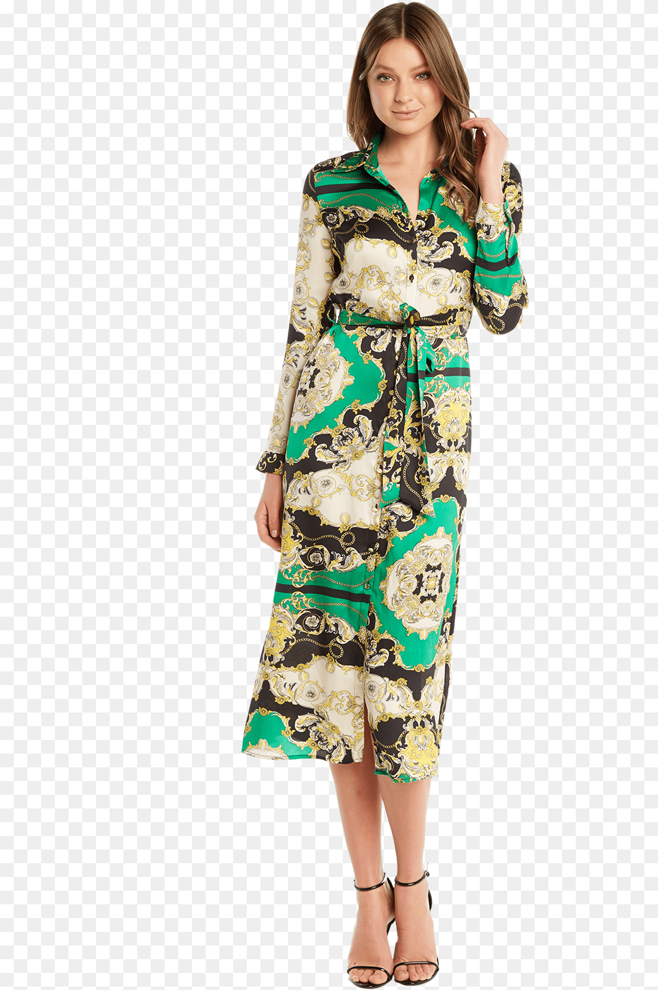 Scarf Pr Shirt Dress In Colour Classic Green Bardot Scarf Print Dress, Adult, Person, Female, Coat Png Image