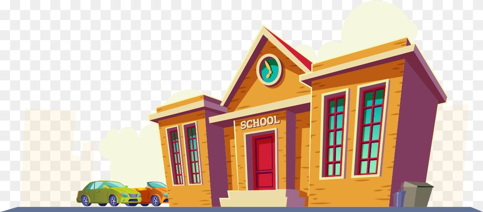 School Building Cartoon, Neighborhood, Car, Transportation, Vehicle Png Image