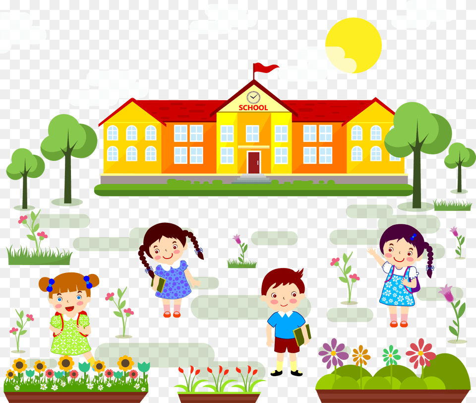 School Cartoon Images, Neighborhood, Grass, Plant, Baby Free Png Download