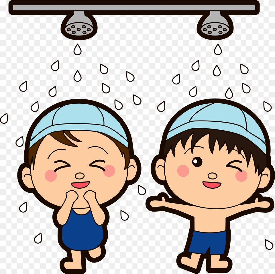 School Children Wearing Swimwear Under The Shower Clipart, Baby, Book, Comics, Person Png