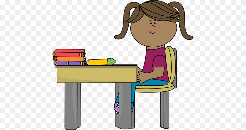 School Girl Sitting, Desk, Furniture, Table, Person Free Png