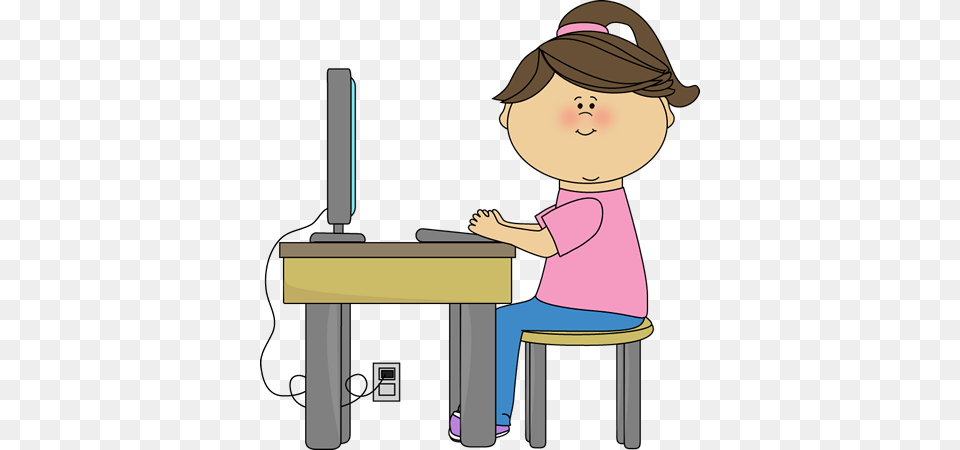 School Girl Using A Computer Clip Art School, Desk, Furniture, Table, Baby Free Png
