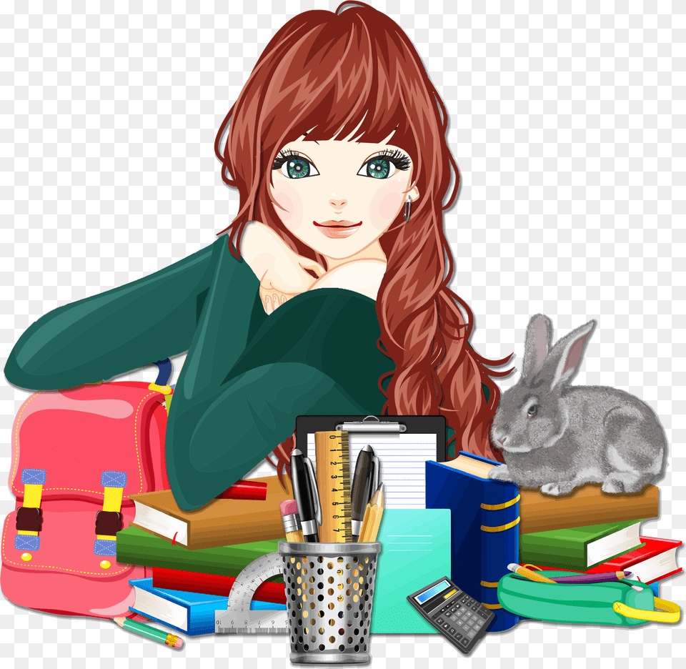 School Girl With Rabbit 2 Vector Download Coloring Books For Girls Stress Relief Coloring Book, Adult, Person, Woman, Female Png