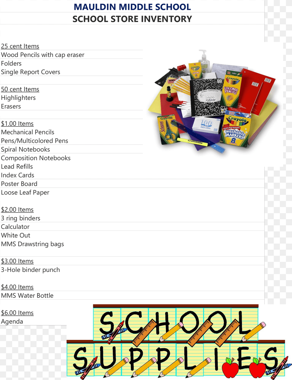 School Store Inventory Main Image  Third Through Fifth Grade Supply Pack, Advertisement, Poster, Food, Sweets Png