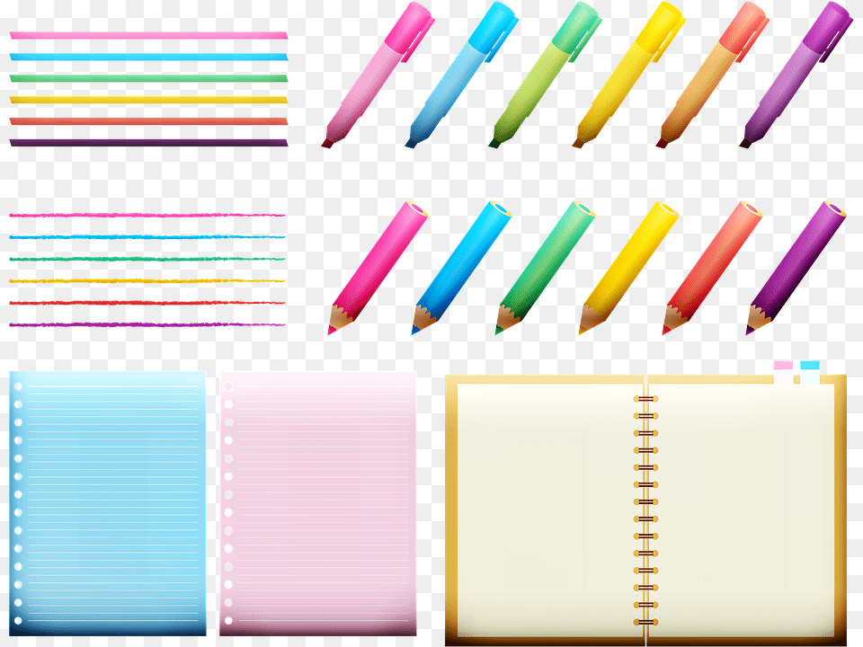 School Supplies Crayons Markers Paper Notebook Mengurutkan Pola Gambar Alat Alat Sekolah, Pencil, Page, Text Free Png Download