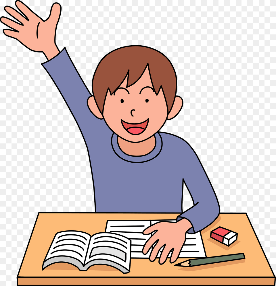 Schoolboy Is Raising His Hand Clipart, Person, Reading, Book, Face Png