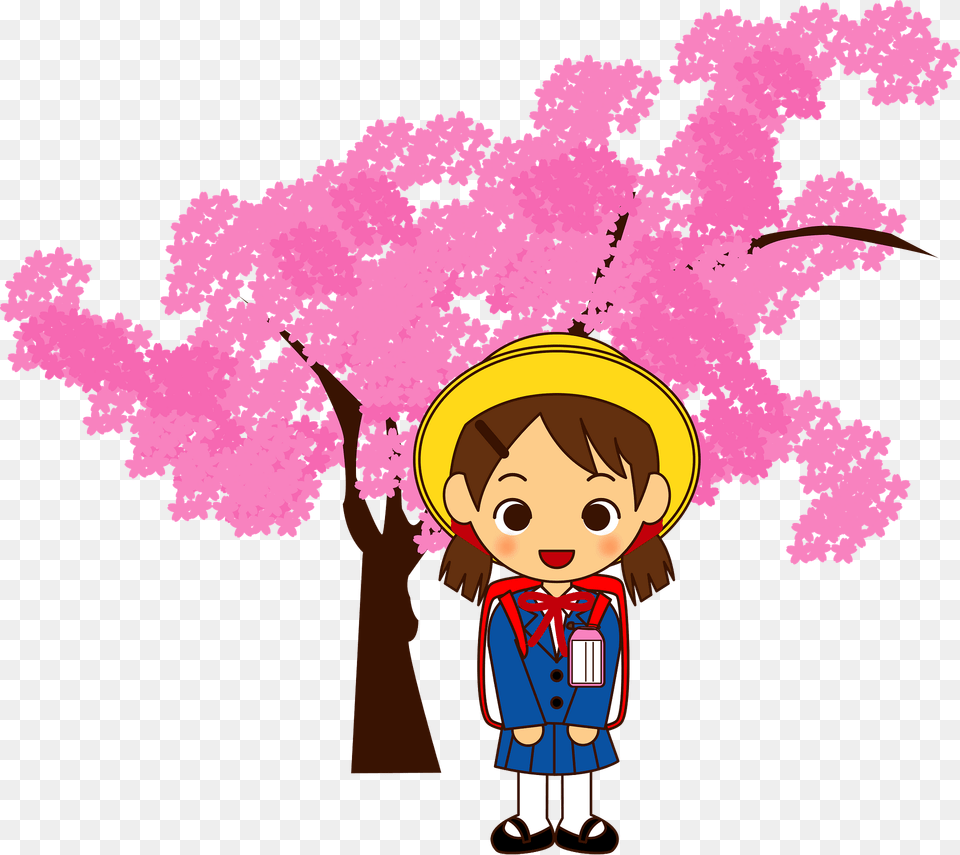 Schoolgirl Is Under The Cherry Blossoms Clipart, Flower, Plant, Baby, Person Png Image