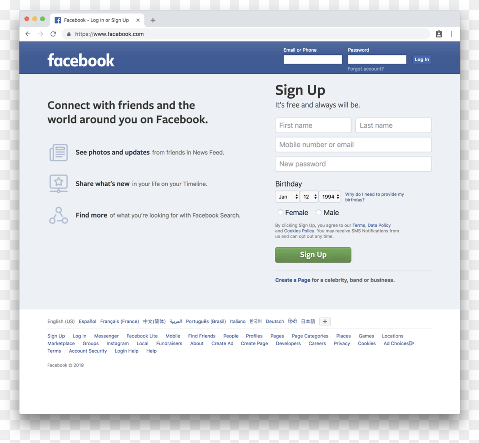 Screen Shot 2019 01 12 At Homepage Facebook Sign Up 2019, File, Webpage, Page, Text Png Image